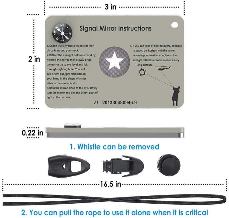 Survival Mirrors Signal Glass Mirror with Whistle/Compass/Lanyard