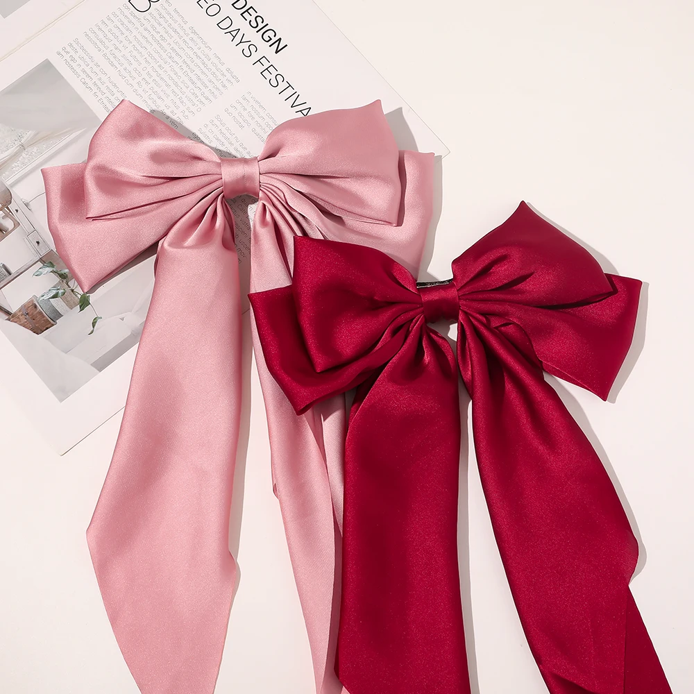 Korean Style Long Ribbon Big Bow Satin Hairpins Girl Simple Versatile Spring Hair Clip Women Daily Elegant Hair Accessories