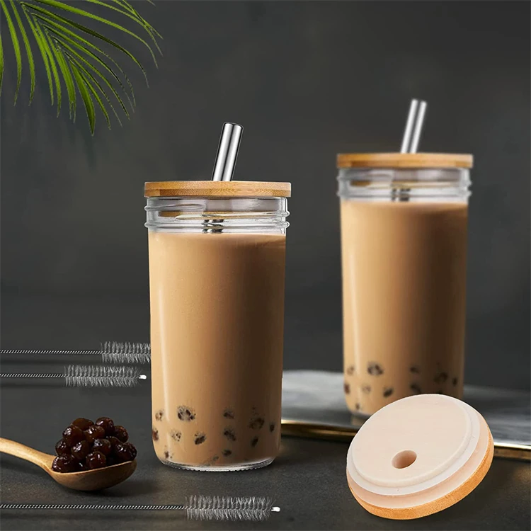 Reusable 24 Oz Bubble Tea Cup Wide Mason Mug With Bamboo Lid And