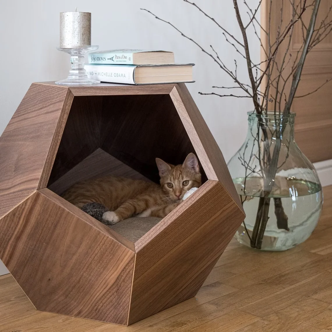 Modern Wood  Walnut Tree Veneered MDF Cat Cave  Bed, Pet Furniture Geometric Side Table