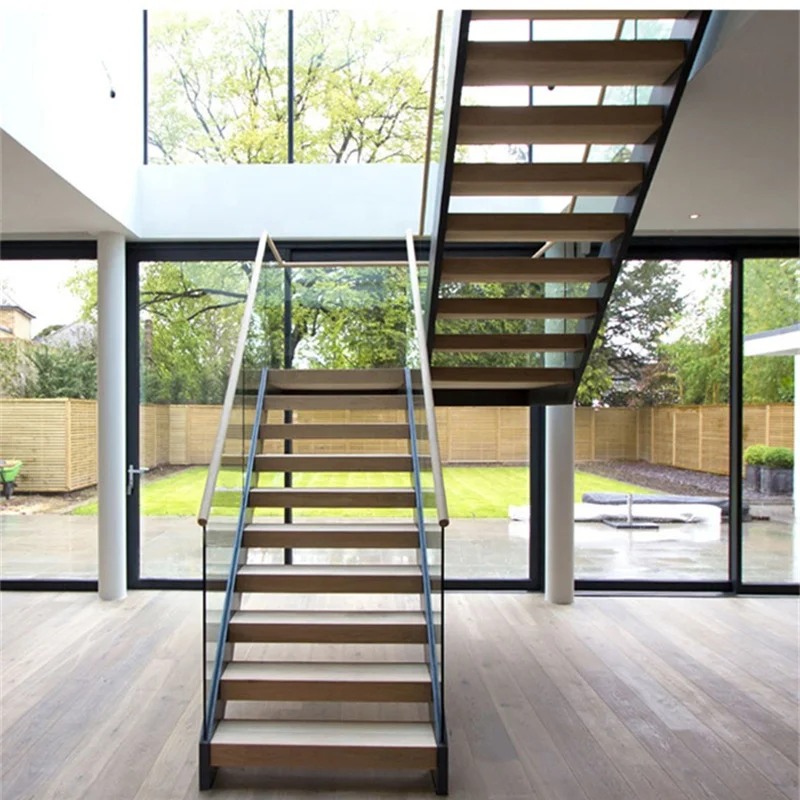 Modern Double Stringer Steel Staircase Design Wood Steps U Shaped Staircase Glass Railing