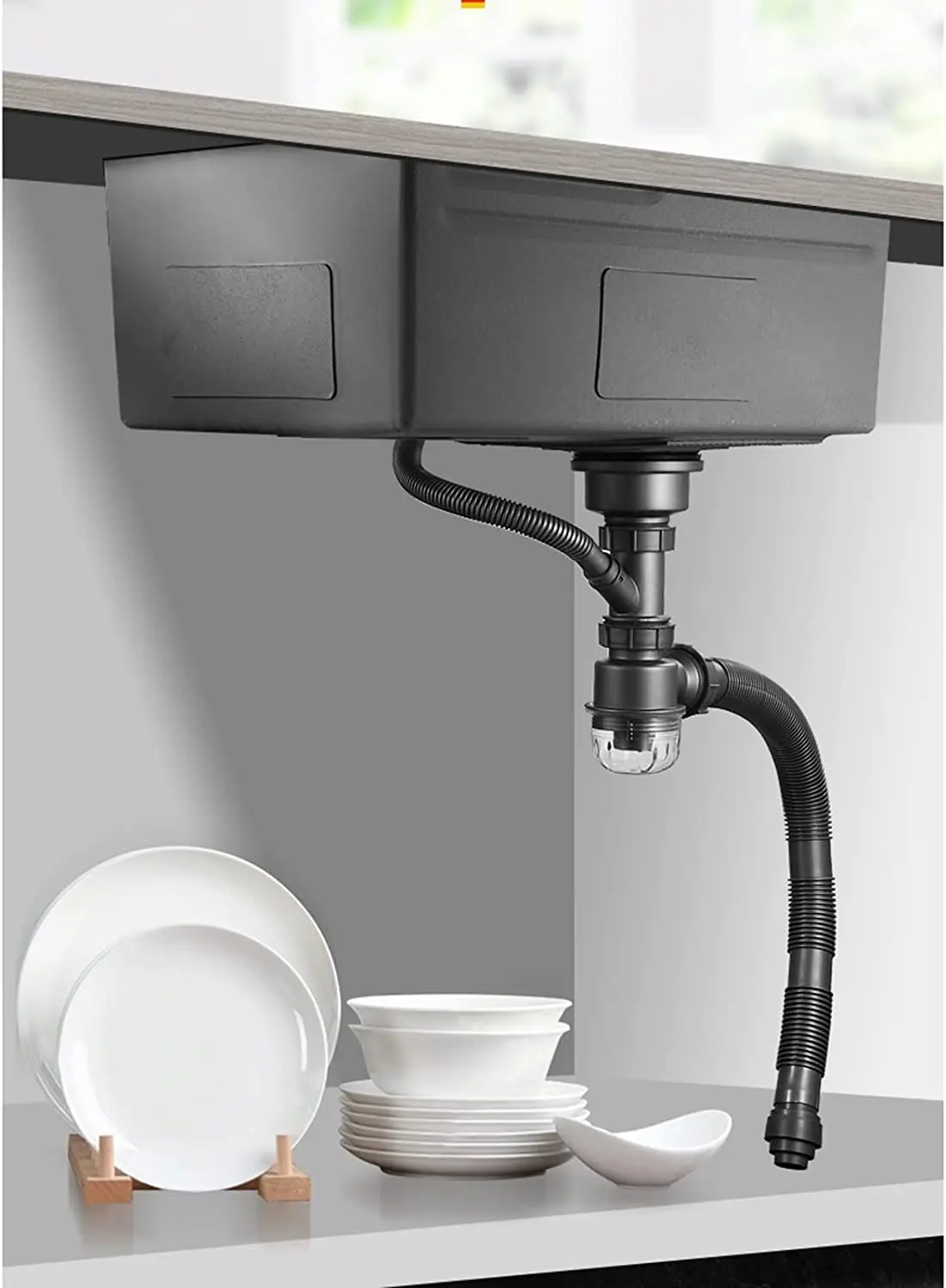 32 Inch Black Faucet Stainless Steel Sink Waterfall Spout Large Single