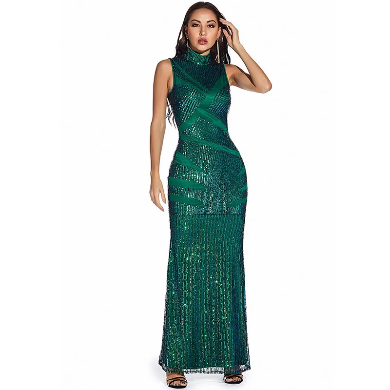 enchanted green dress BABARONI Sheath V neck Sequins Long Dress Mint Green, Mint Green / US0 main image 1
