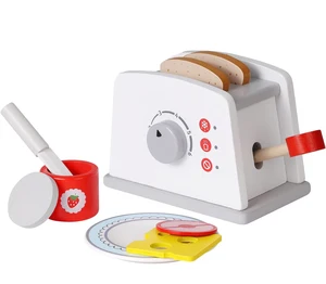 Toaster Toy with Kitchen Accessories 8 Pc Set Interactive Early Learning Wood Play Set with Wooden Bread Plate and Utensil