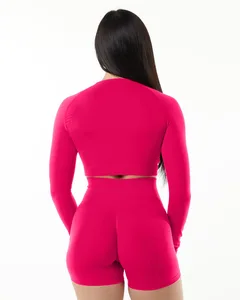 Custom logo Gym Fitness Sets Long Sleeves Top and Scrunch Butt Shorts Seamless Yoga Set