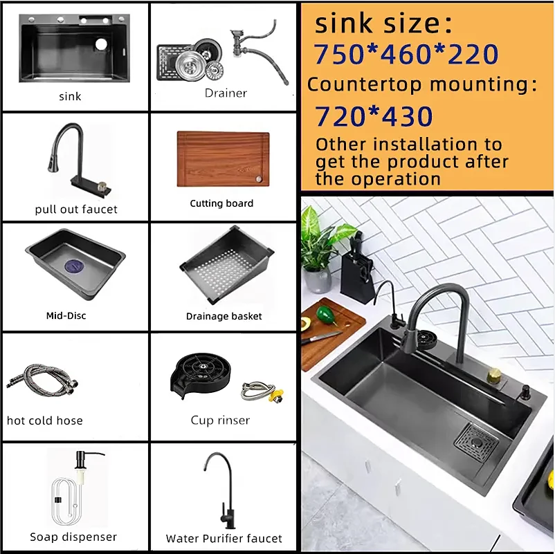 Hot Selling Waterfall Kitchen Sink Nano Black 304 Stainless Steel ...