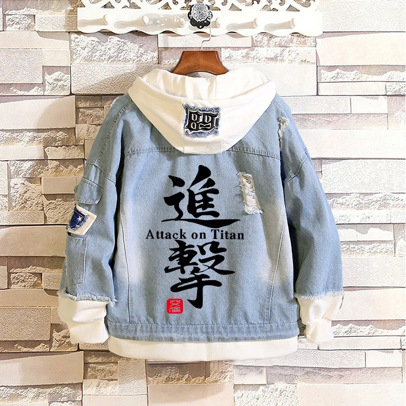 Factory Attack on Titan Jeans Jacket Scout Regiment Cosplay  Coat Eren Jaeger Hooded Sweatshirt Coat Men Trucker Jacket