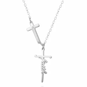 Blessed Faith Custom Logo Stainless Steel Cross Necklace Personalized Religious Christian Jewelry with Zircon for Gift Party