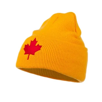 sell well energetic Lemon yellow Winter Knitted Hats with maple leaf logo