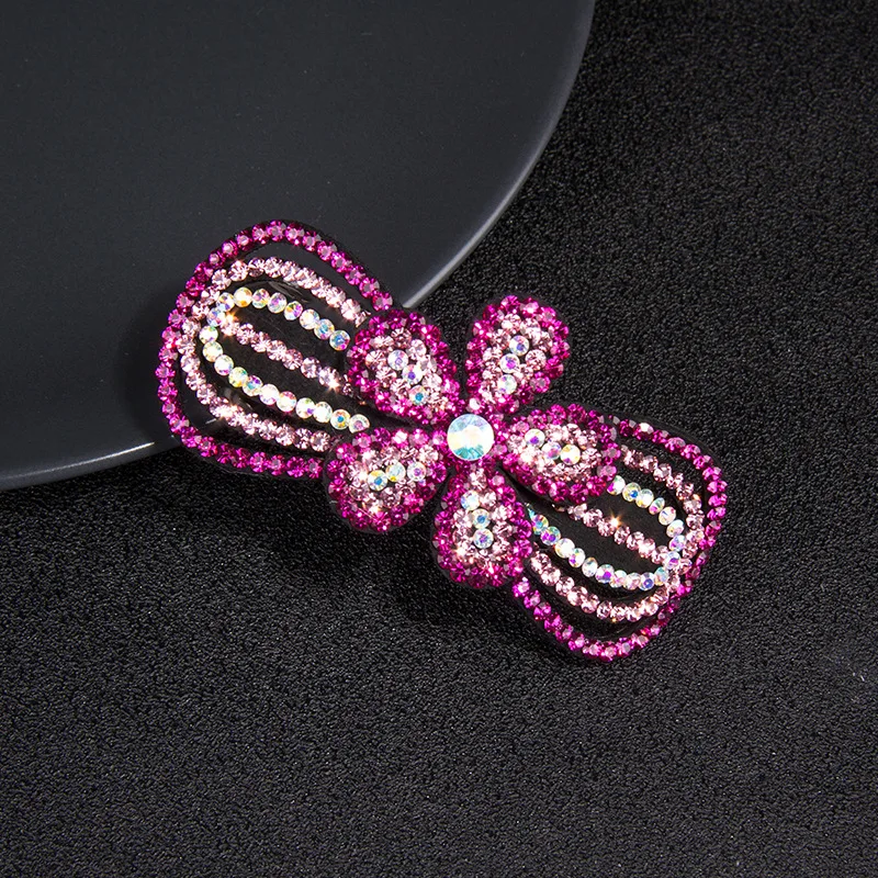 Luxury Rhinestone Flower Hairpin Full Crystal Top Clip Hair Barrette Shinny Crystal Bow Spring Hair Clip for Girls