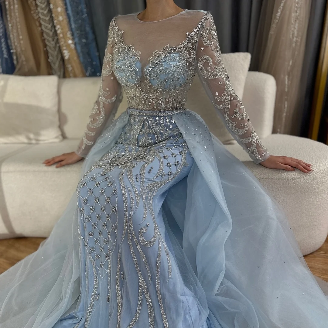 sachin and babi light blue dress Red Corset Long Sleeve Mermaid Streamer Prom Dress