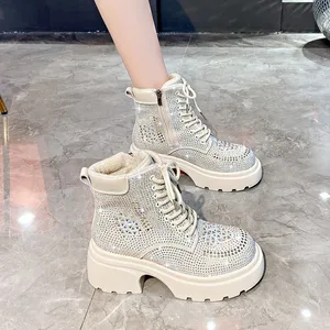 Hot Selling High-End Fashion Women's Ankle Boots Pointed Toe Chunky Heel Winter Plush Warm Short Thick Zip Comfort Rhinestone PU