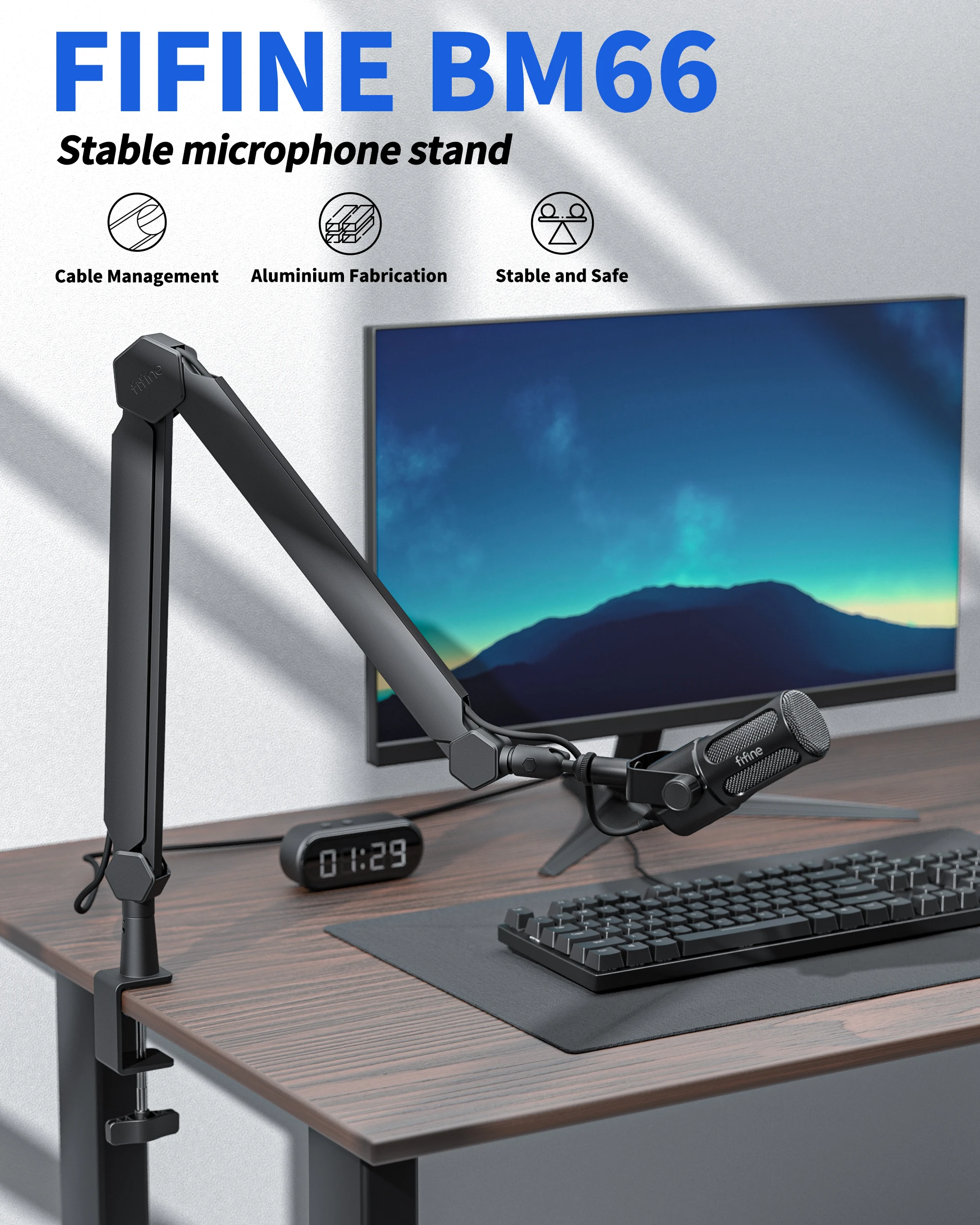 Fifine Adjustable Microphone Stand Arm Mic Studio Flexible Desk Holder ...