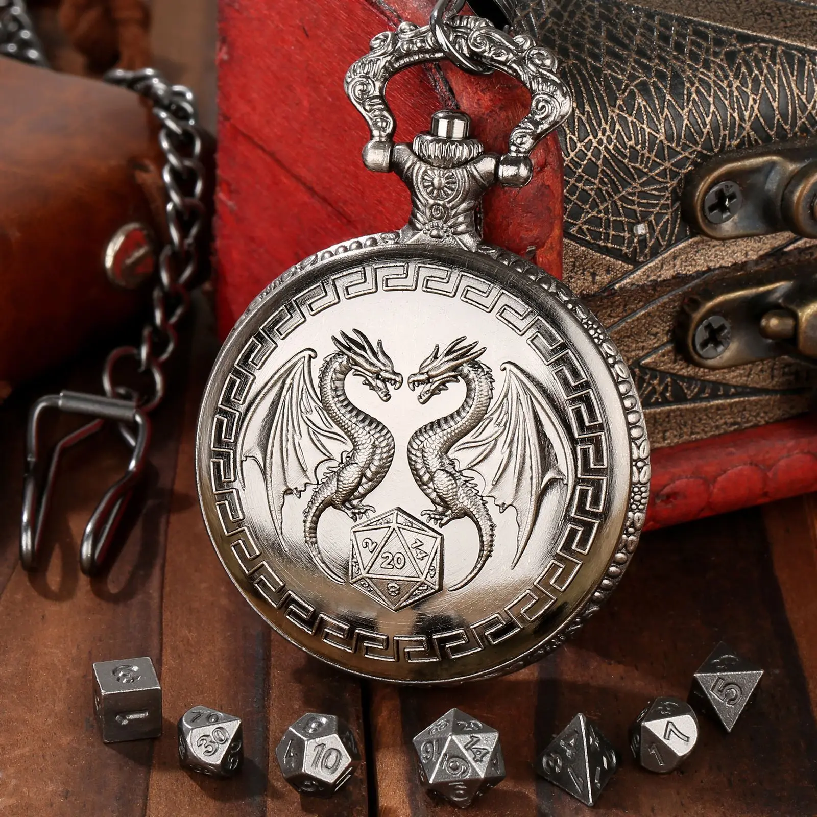 TiamatDragon D&D Lot de 7 dés en métal avec étui de montre de poche, mini dés en métal pour Donjons et Dragons, avec étui pour montre de poche, jeux de société (noir