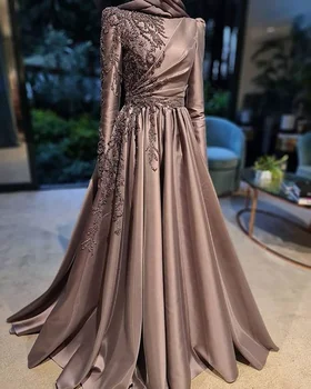 Arabic High Neck Long Sleeve Beading Evening Dresses Luxury Dubai Muslim Evening Gowns