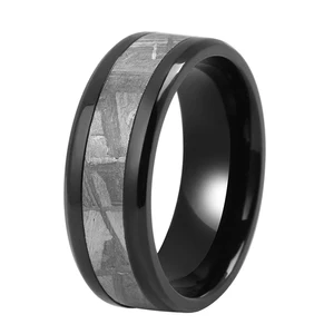High Polished 8mm Black Zirconium Ring 4mm Meteorite Inlay Black Titanium Mens Wedding Bands