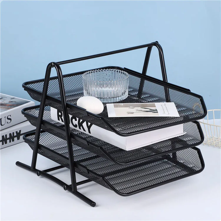 3-Tier Iron Document Tray with Metal Mesh A4 Paper File Letter ...