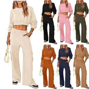 2023 Women Outfit Sets 2 Piece Half Zip Pullover Hoodie and Sweat Pants Jogger Set Customized Women Blank Cropped Jogger Suit