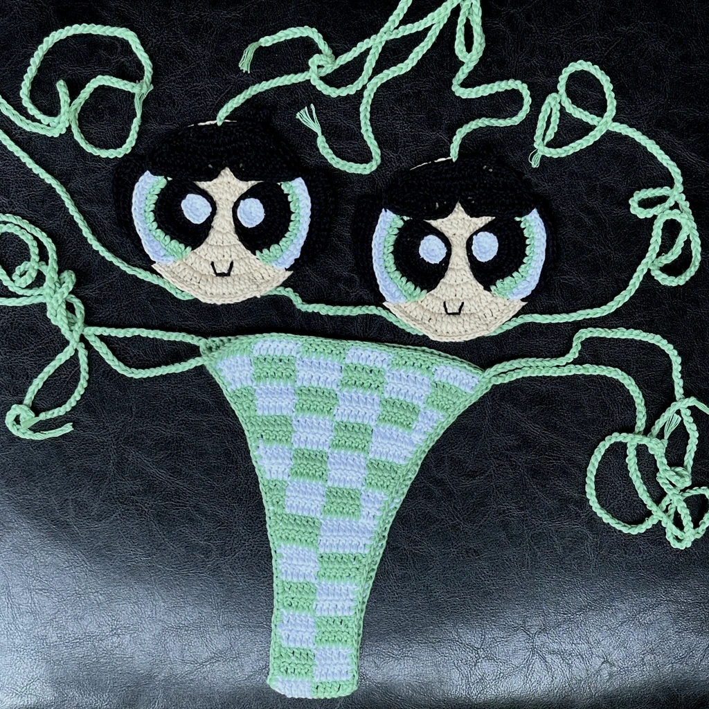 2025 Custom Crochet Knit String Cartoon Micro Bikini Set Handmade Cute Red Checkered Sexy Beachwear Fruit Fashion Custom Bathing