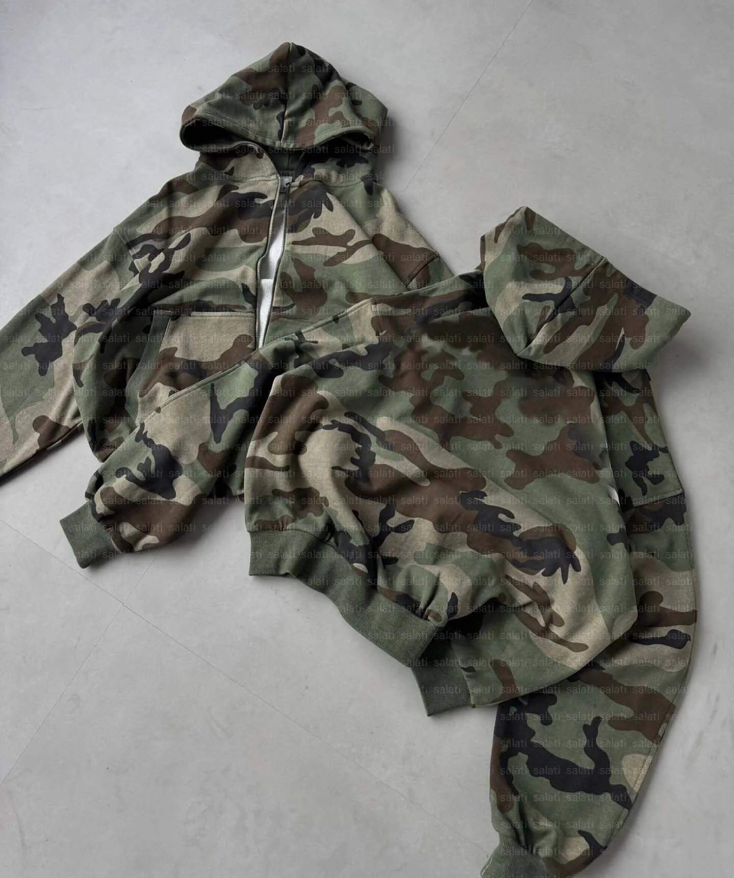 Salati Wholesale Streetwear Sweatshirts Double Zip up Dtg Printed Boxy Fit Cotton Camouflage Cropped Camo Hoodie for Men Stylish
