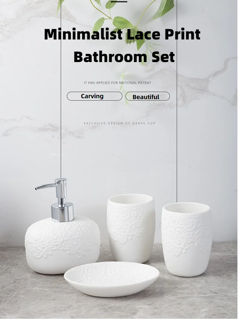 Ceramic White Bathroom Accessories Set With Embossed Design 4pcs