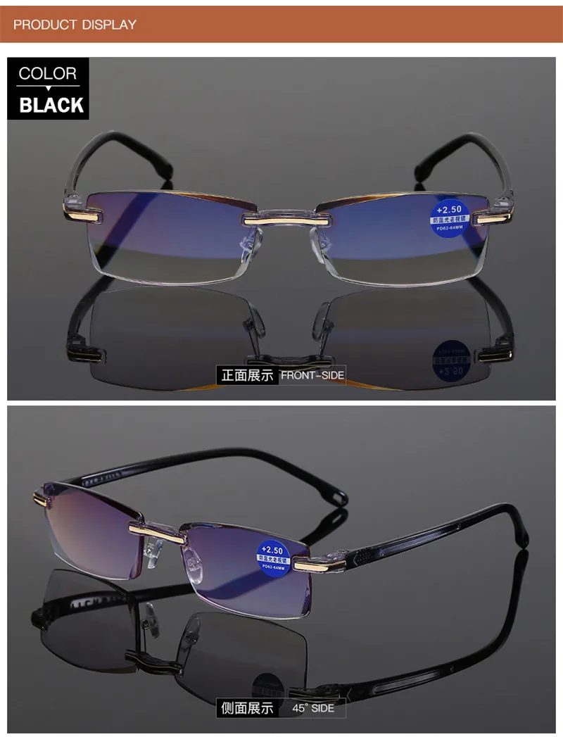 2020 new Anti Blue Light Blocking Rimless Reading Glasses Women Men Square Frameless Presbyopic Glasses Diopters +1.0 1.5 2 2.5