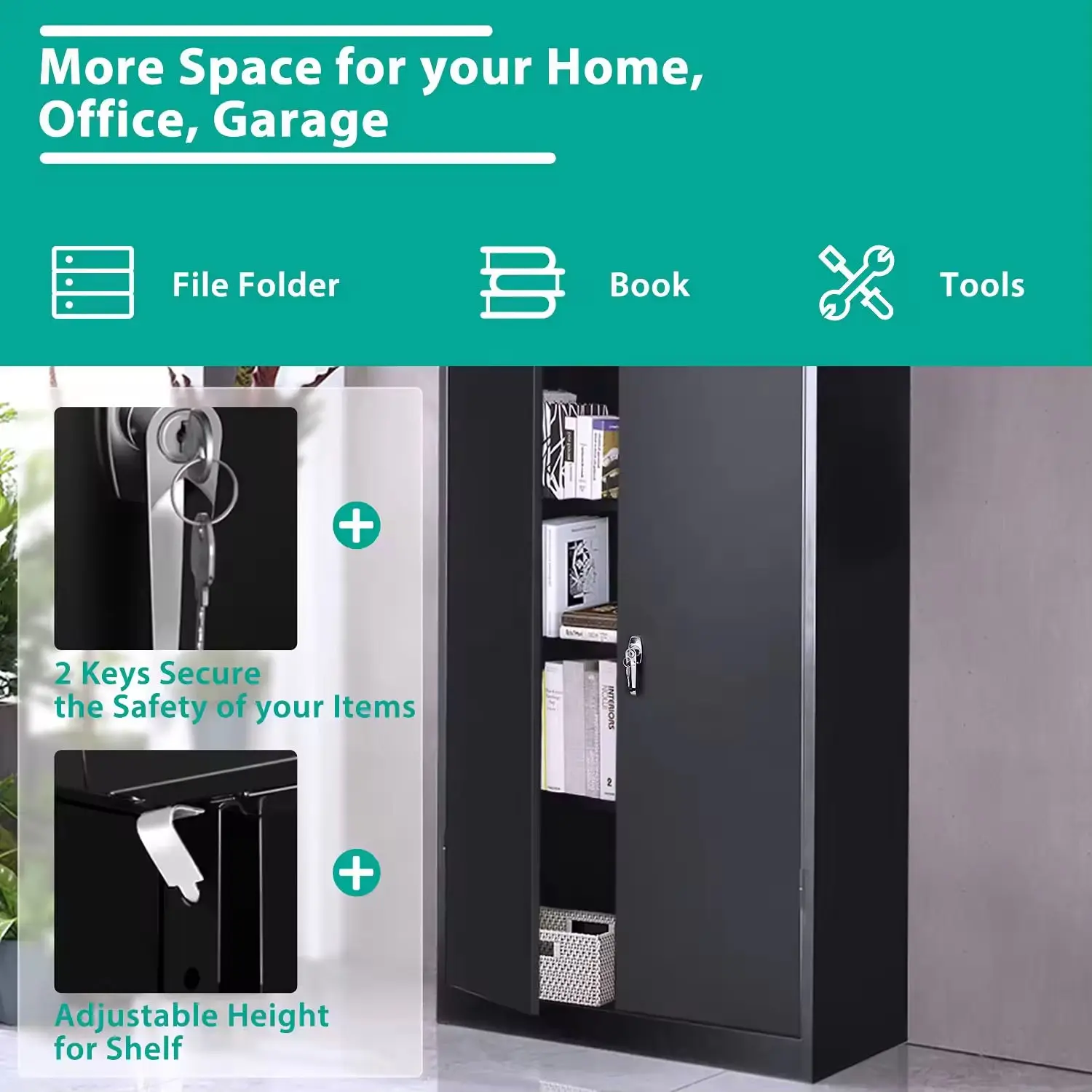 Steel File Cabinet with 2 Doors and 5 Adjustable Shelves for Office and Garage