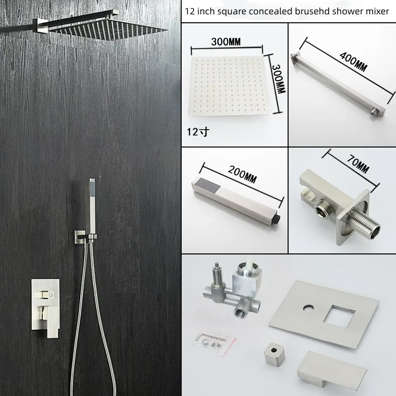 Smart Control Concealed Built-in 2-way Rainfall Shower Set Shower Head Square Stainless Steel with Hand Shower 12" Modern CN;GUA
