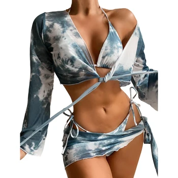 2023 Hot Sleeve Triangel Swimwear Wrap Front Tie Cheeky Solid Bathing Suits Women four pieces Bikini sets Swimsuit Cover ups