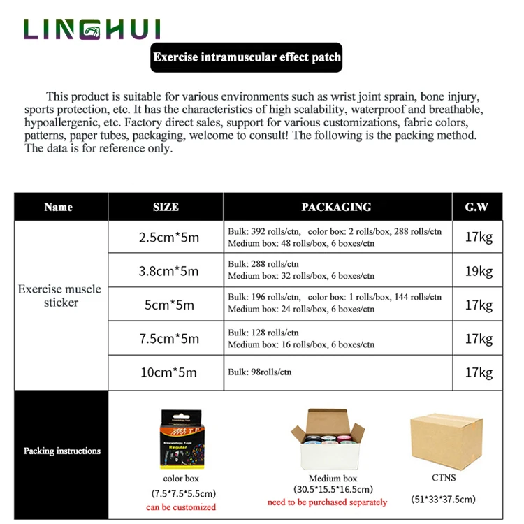 Linghui OEM лента хлопковая эластичная спортивная водонепроницаемая Спортивная кинезиологическая