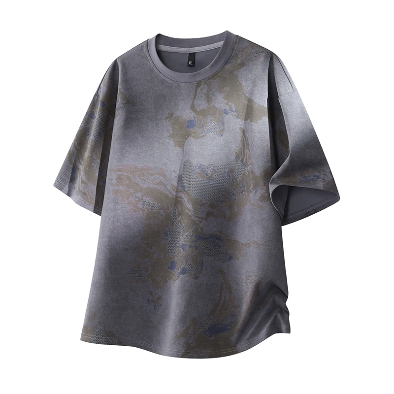 Men's Retro Washed Print Crew Neck Regular Fit 100% Polyester Antibacterial Breathable Casual Short-Sleeve T-Shirt