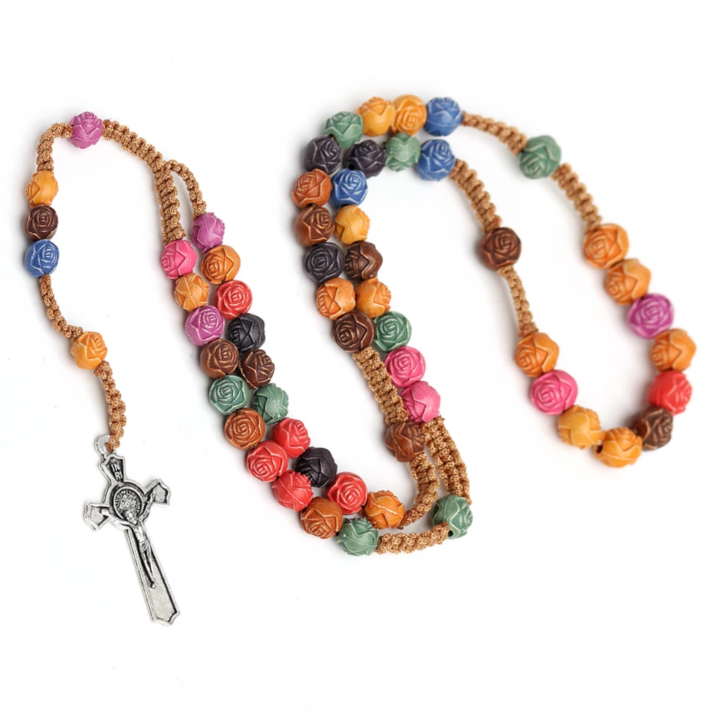Religious Rosary Charm Colorful Necklace with Flower Plastic 10mm Bead Alloy Cross Jesus Christian Prayer Beads for Catholicism