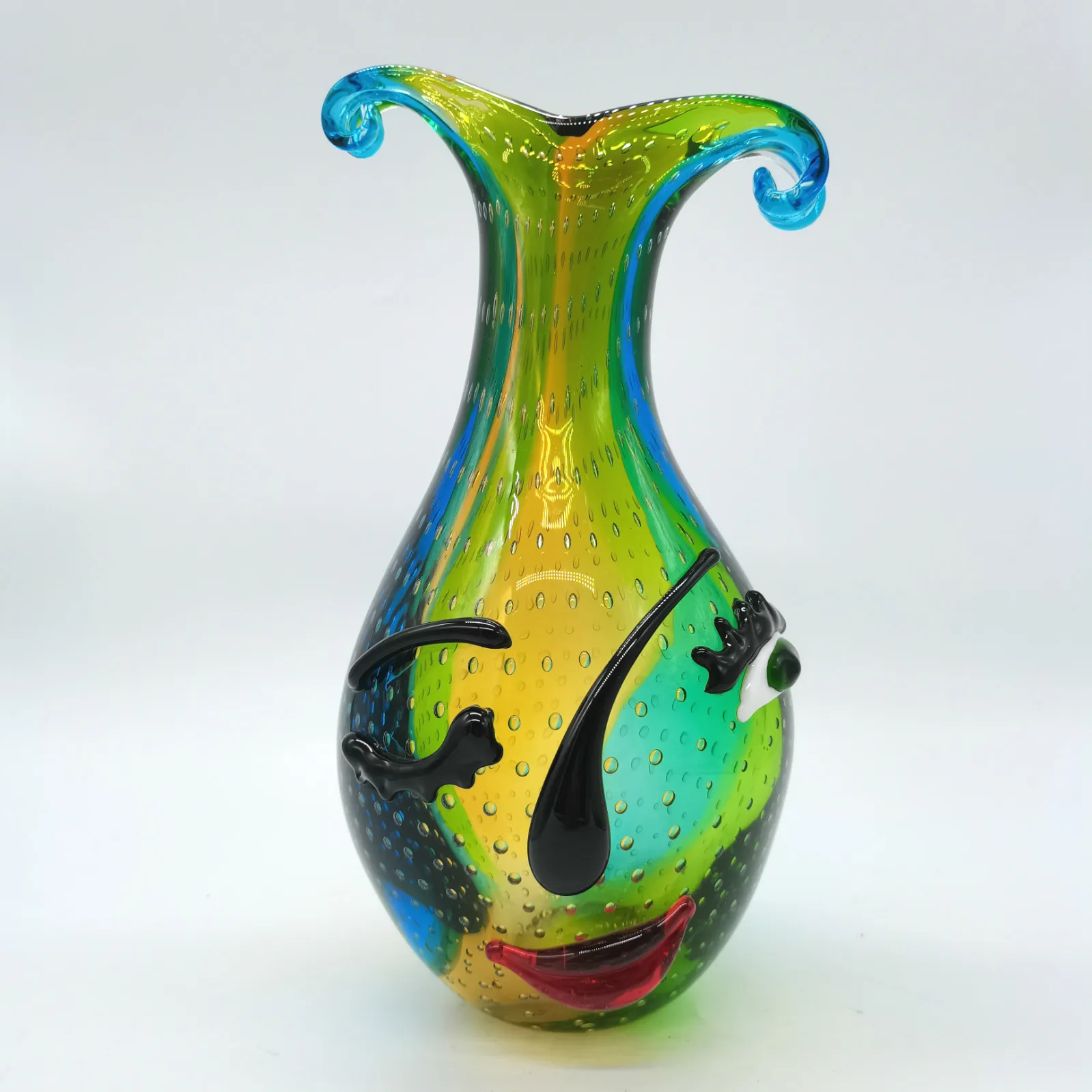 Yao Yuan Hand Blown Art Glass Vase with face Art,Murano Glass  Style,Multi-Colored