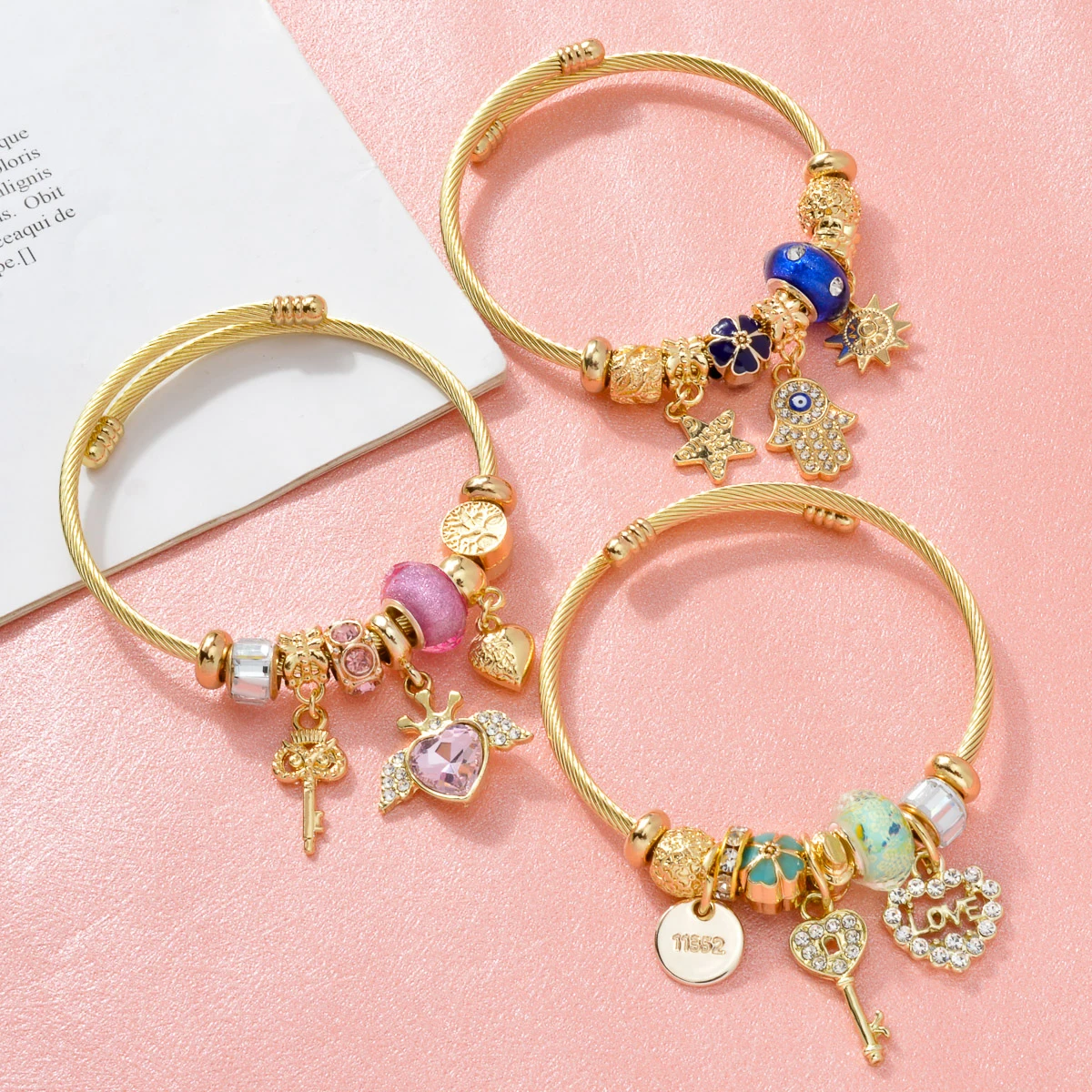 European 18k Gold Plated Heart Key Star Pink Stainless Steel Adjustable