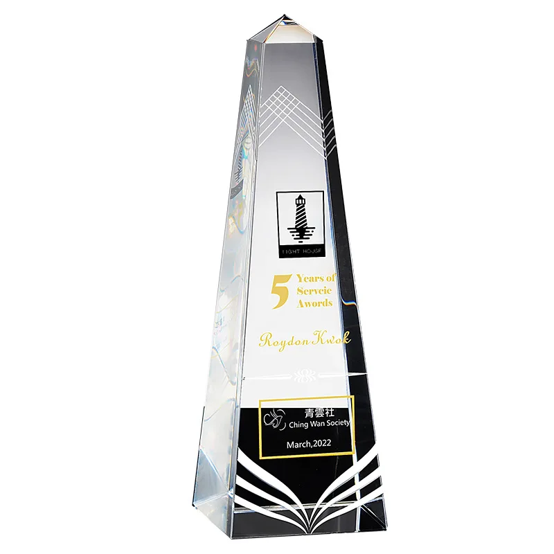 Peak Tower Design Custom Etched Crystal Trophy Award for Company Anniversary Souvenir