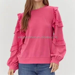 Women Hot Pink Ruffle Sleeve Sweatshirt Casual Crew Neck Tiered Ruffled Pullover Top with Raw Edge