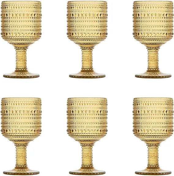 Unique Embossed Pattern High Clear Stemmed Glassware Wedding Party Bar Drinking Cups Green Golden Amber Beads Glasses Cup