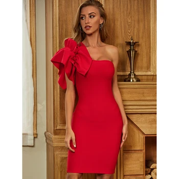 Women Business Party Dress China Supplier Vintage Ruffles Sleeve Red Black Pencil Evening Dress One Shoulder