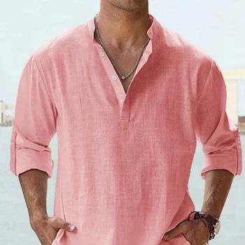 2025 Summer Men's Solid Color Stand Collar Long Sleeve Shirt Plus Size Loose Breathable Casual Cotton and Linen Shirt