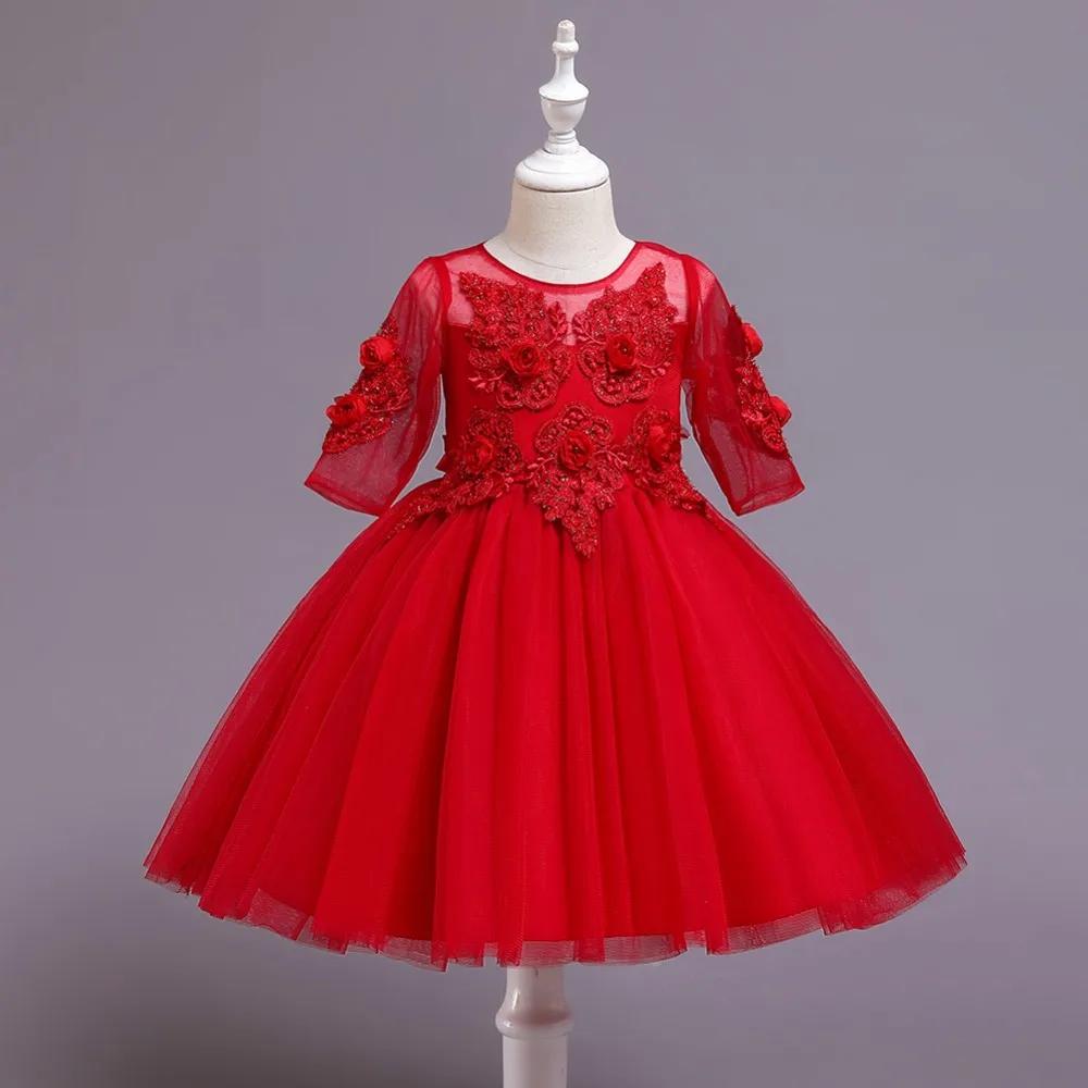 Детское кружевное платье принцессы короткая рукавами в корейском стиле вечернее платье с розовым узором для девочек красное