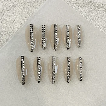 French Almond Nude False Nails With Line Nail Rhinestones Design Full Cover High Quality Press