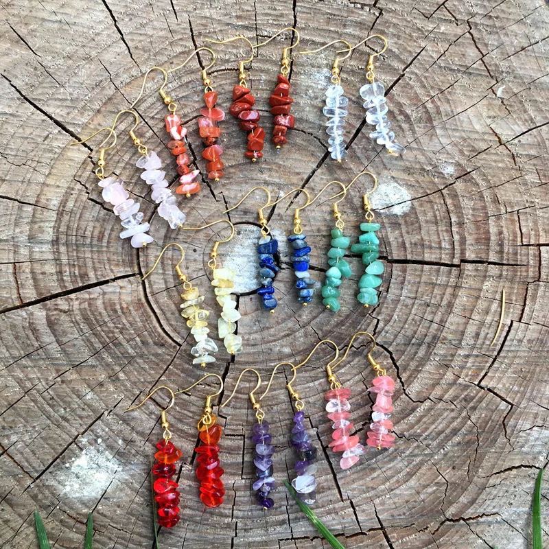 Handmade Natural Healing Crystal Gemstone Earring Chip Beads Dangle Stacked  Stone Aventurine Lapis Fluorite Agate Hook Earrings
