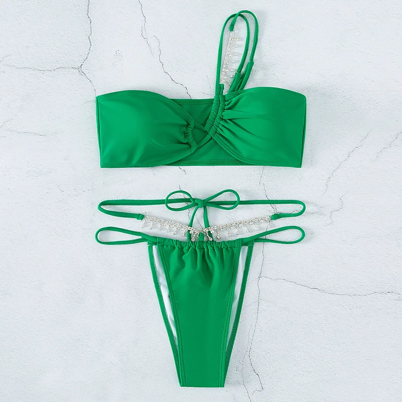 2023 New Jewelled Rhinestones One Shoulder Bikini Female Luxury Crystal Diamond Women's Split