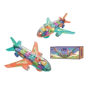 ITTL Kids Universal Transparent Electric Gear Airplane Toy Bump Go Rotating Gears Plane Toy With Lights and Music