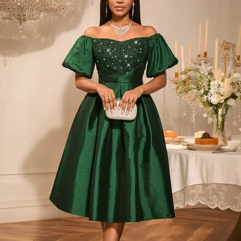 AM050409 Elegant Off Shoulder Puff Sleeve Sequin a Line Christmas Green Dress Midi Formal Women's Evening Gown
