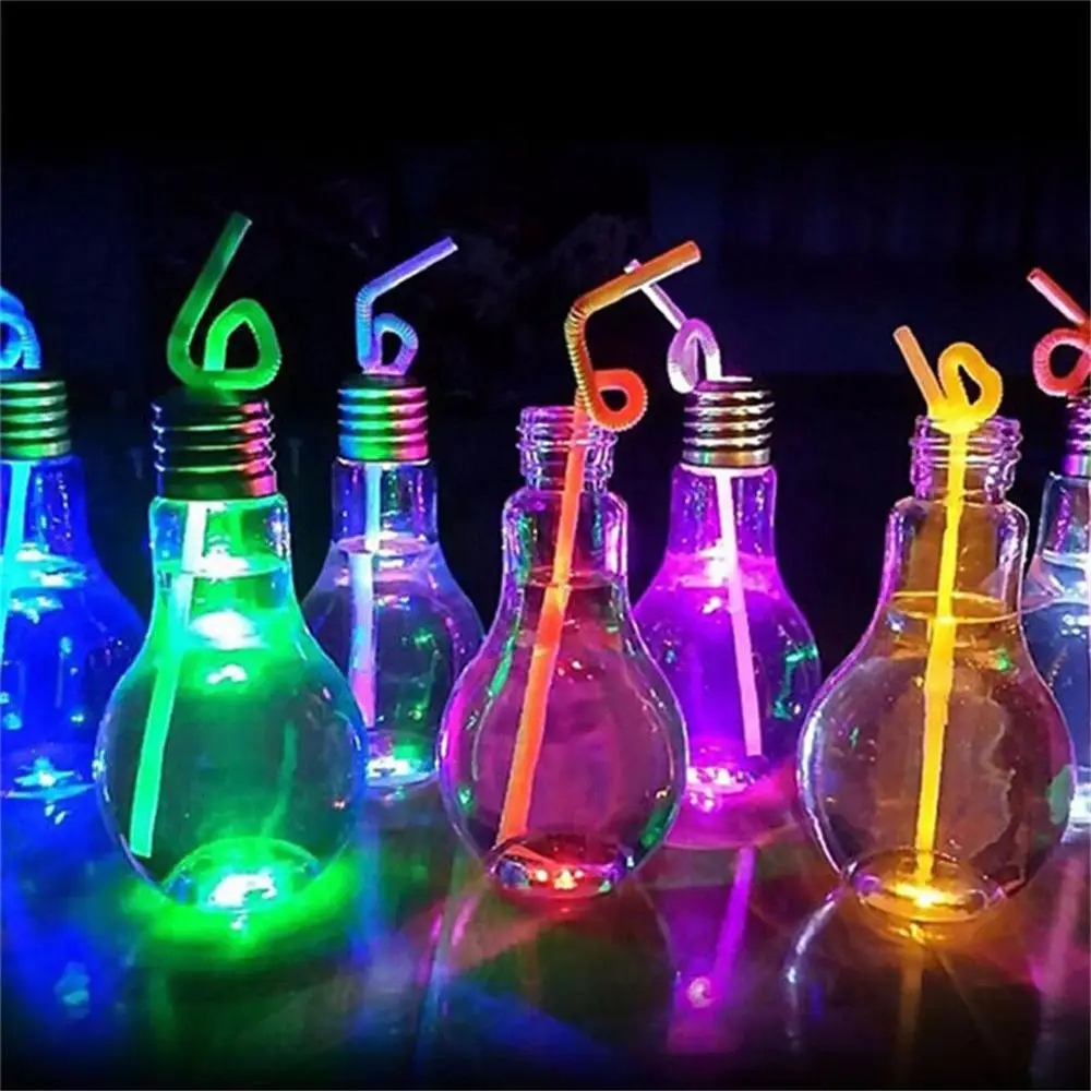 Promotion LED Light-Up Bulb-Shaped Drinking Glass Bottle Cup with Straw Plastic Party Supplies for Events Decoration