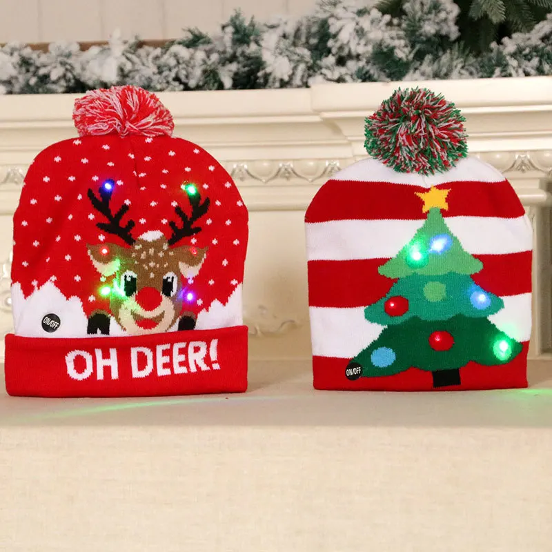 New Style Led Christmas Hat Light-Up Sweater Knitted Santa Claus Christmas Gift Kids Adult Xmas Christmas Hats with Led Lights
