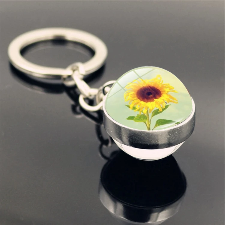 Cute Trendy Women Key Ring Gifts Art Picture Double Side Glass Ball Sunflower Keychain accessories