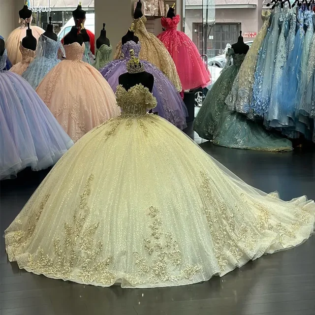 Mumuleo Gold Quinceanera Dresses Sequins Lace Applique Off the ShoulderTulle Sweet 15 16 Princess Pageant Ball Gown vestidos