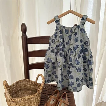 2024 Summer South Korea children's clothing girls' baby cotton floral slip dress
